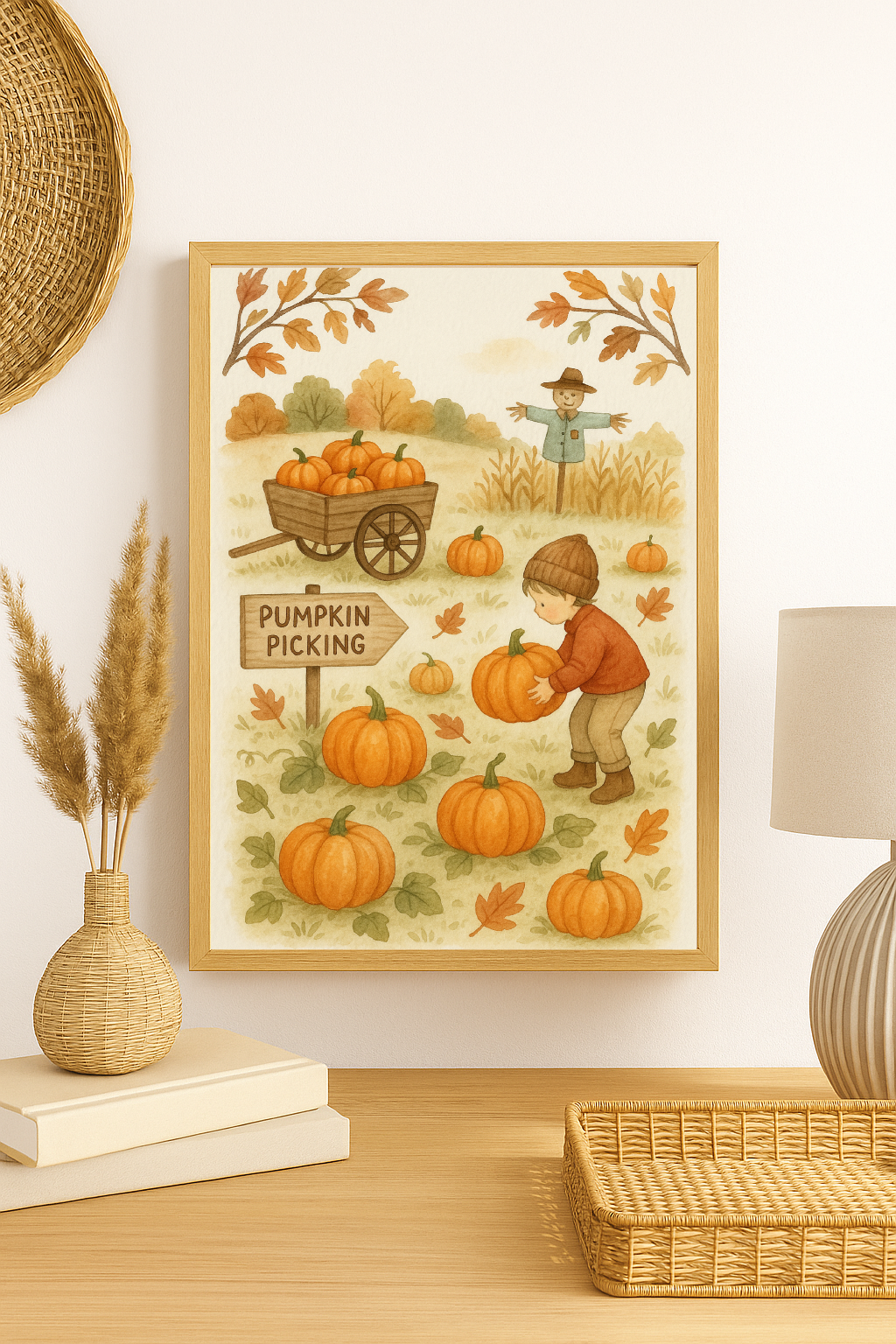 Pumpkin Picking Autumn Wall Art – Kids Fall Harvest Scene with Cart & Scarecrow
