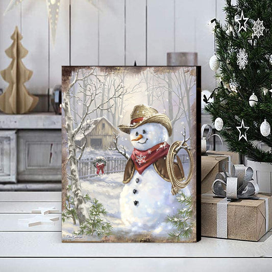 Cowboy Snowman Art Wooden Wall Art by D. Gelsinger - Christmas Santa Snowman Decor - 95604B-1541-1
