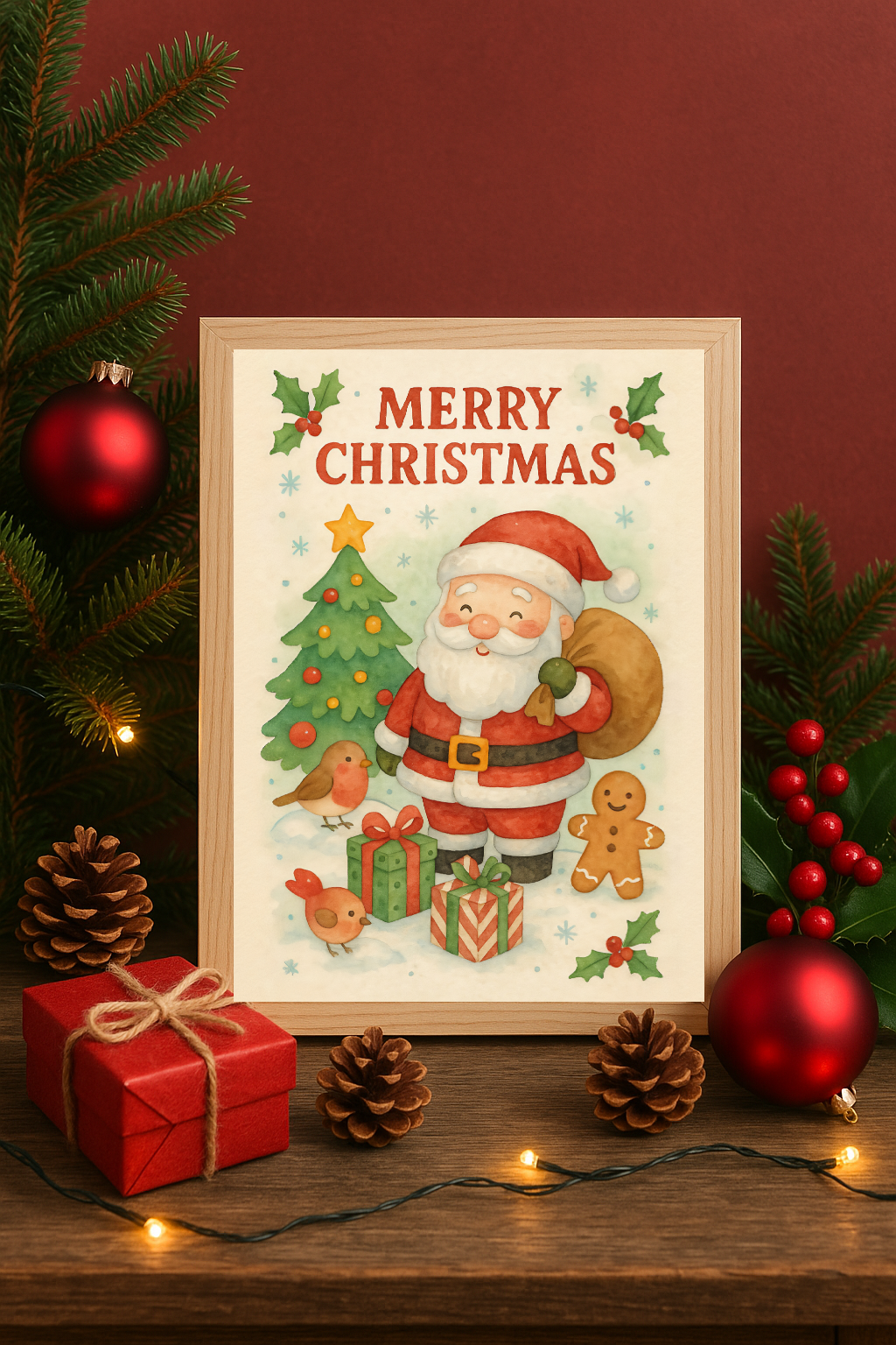 Santa & Christmas Tree Wall Art – Merry Christmas Holiday Print with Gifts & Robins-0