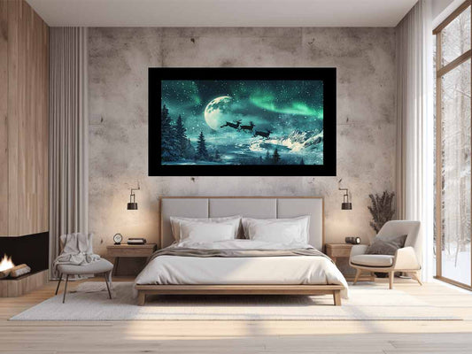 Flying Reindeer Northern lights Canvas Painting Print-1