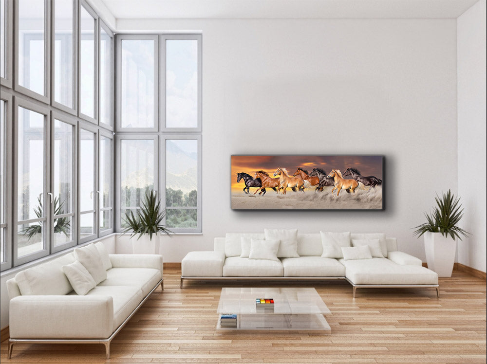 Team of 7 Horses- Wildlife Canvas Art - Gold varnish-2