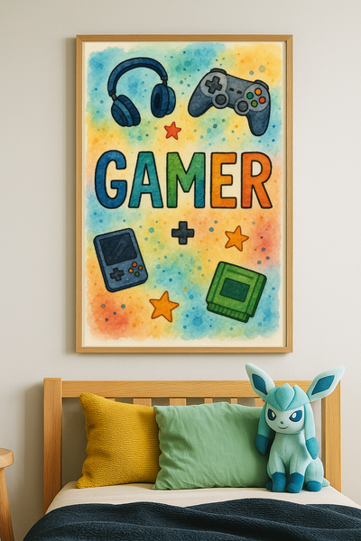 Colourful Gamer Wall Art – Kids Gaming Print with Controllers & Headphones