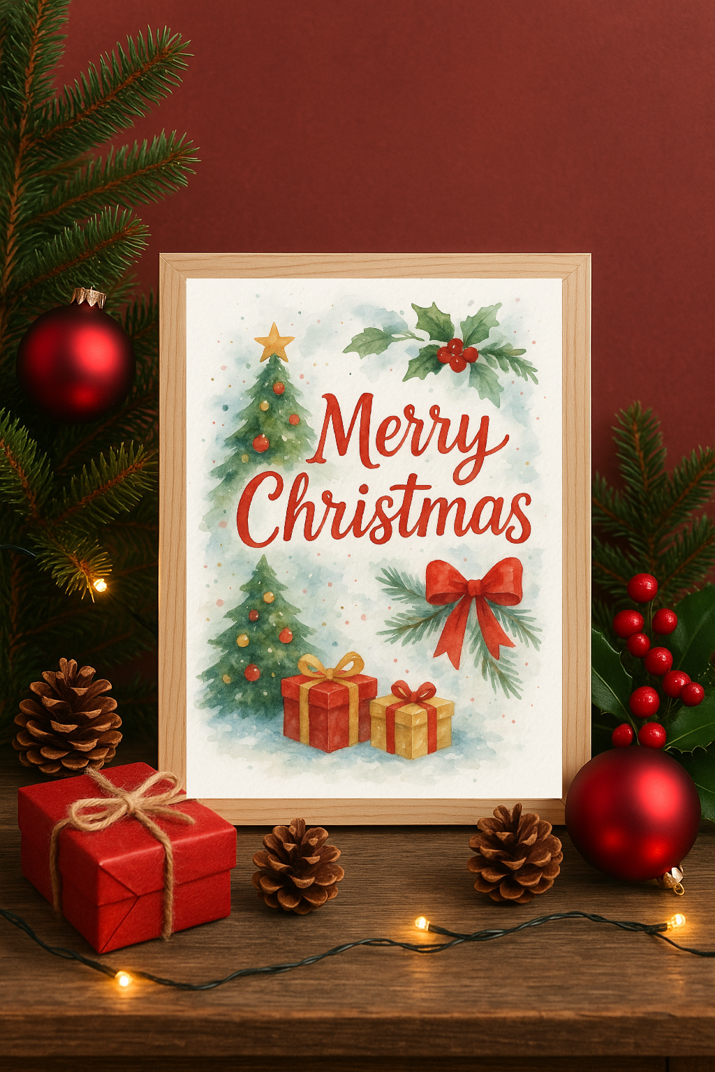 Merry Christmas Wall Art – Festive Tree & Gifts Holiday Print-0