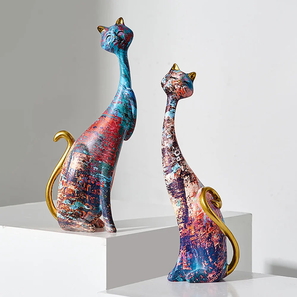 European Style 2pcs Oil Painting Cat Statues Animal Modern Sculpture Room Decoration Accessories Sculptures for Home Design Gift-4