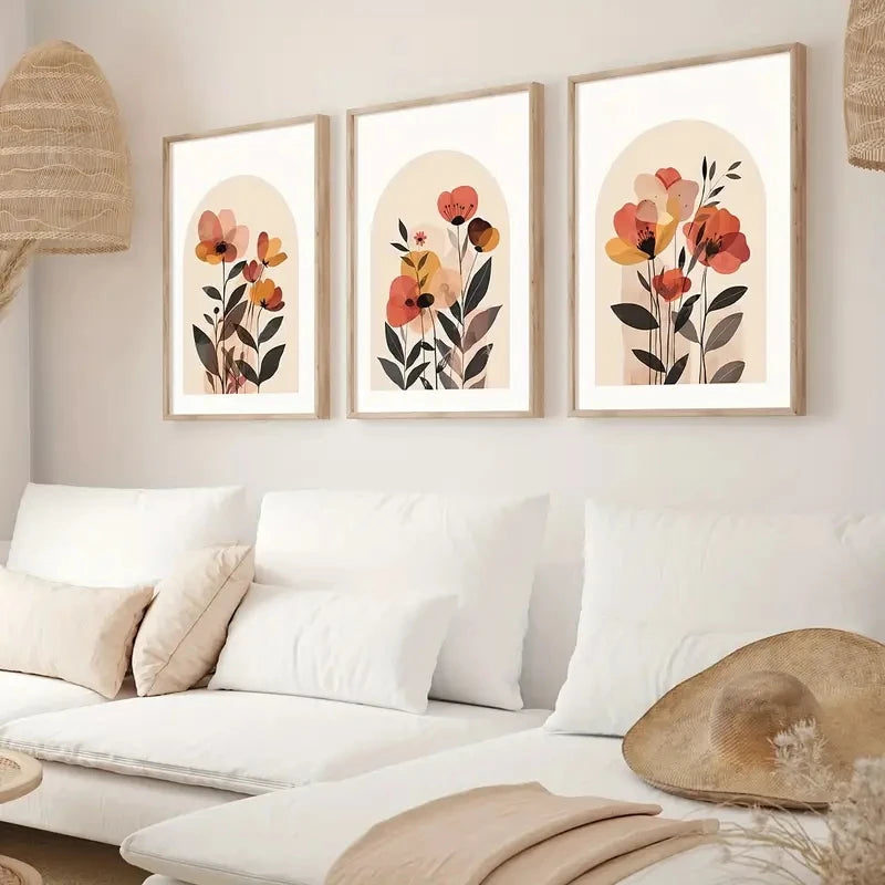 3pcs/Set Beige Bohemian-style Abstract Floral Print Art Canvas Poster Plant Autumn  Bedroom Living Room Corridor Wall Decoration