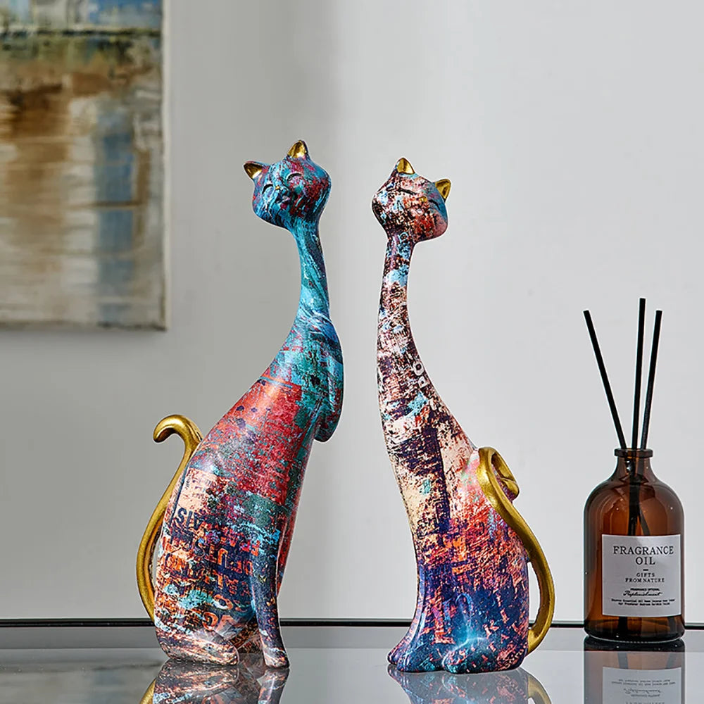 European Style 2pcs Oil Painting Cat Statues Animal Modern Sculpture Room Decoration Accessories Sculptures for Home Design Gift-2
