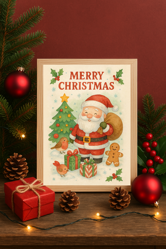 Santa & Christmas Tree Wall Art – Merry Christmas Holiday Print with Gifts & Robins-0