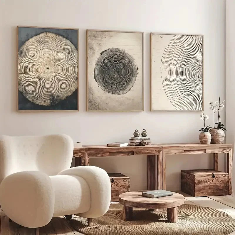 3pcs/Set Abstract Tree Ring Canvas Art Bohemian Simple Retro Aesthetic Picture Wall Living Room, Dining Room and Home Decoration