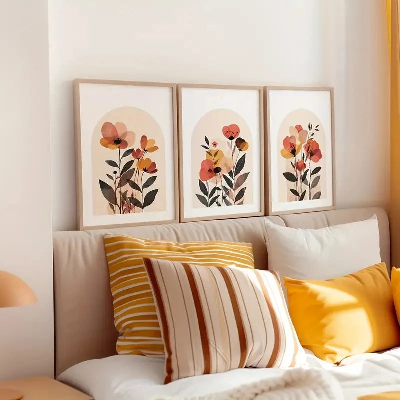 3pcs/Set Beige Bohemian-style Abstract Floral Print Art Canvas Poster Plant Autumn  Bedroom Living Room Corridor Wall Decoration