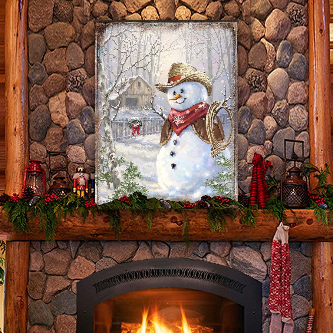 Cowboy Snowman Art Wooden Wall Art by D. Gelsinger - Christmas Santa Snowman Decor - 95604B-1541-0