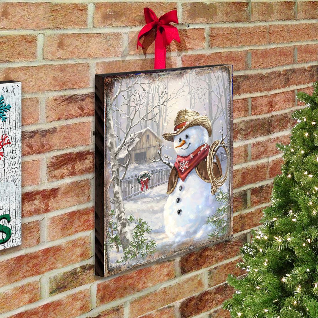 Cowboy Snowman Art Wooden Wall Art by D. Gelsinger - Christmas Santa Snowman Decor - 95604B-1541-2