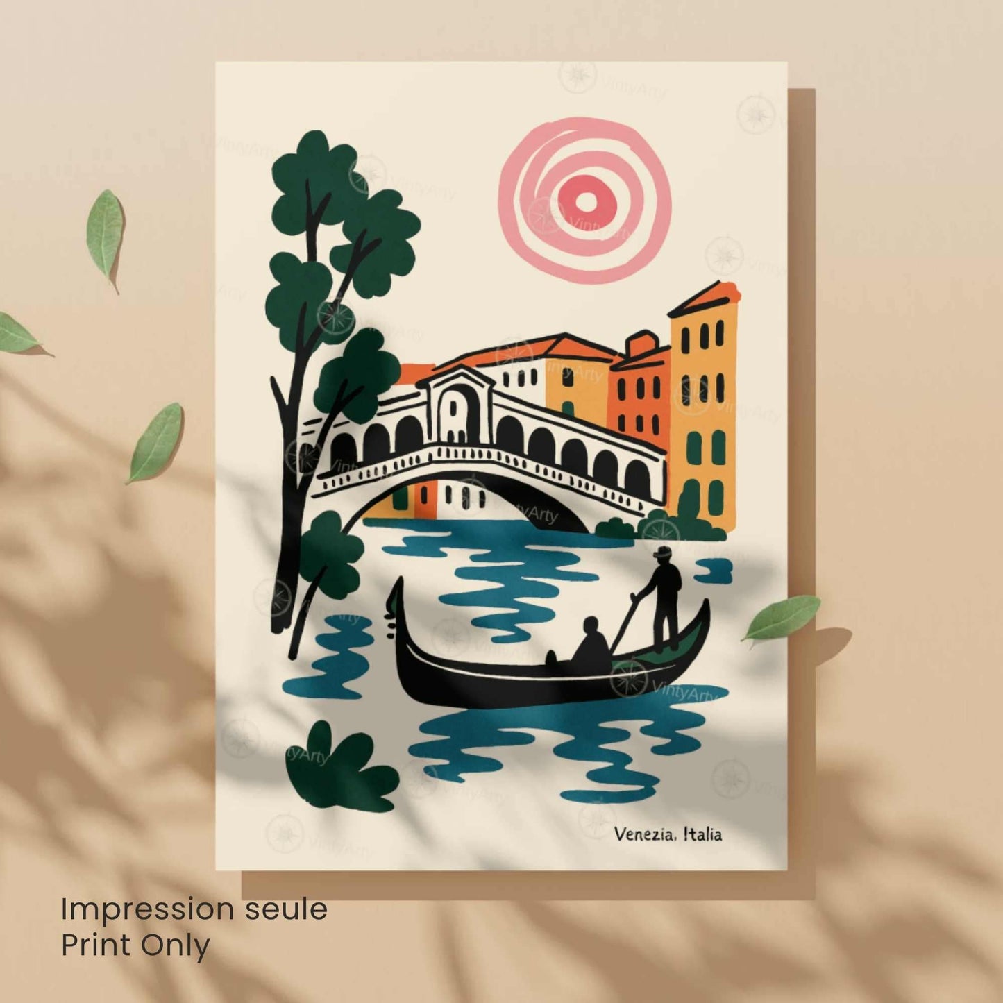 Affiche Venise – Pont du Rialto & Gondole | Poster voyage Italie style Matisse moderne | Décoration murale Venezia-5