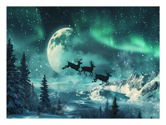 Flying Reindeer Northern lights Canvas Painting Print-0